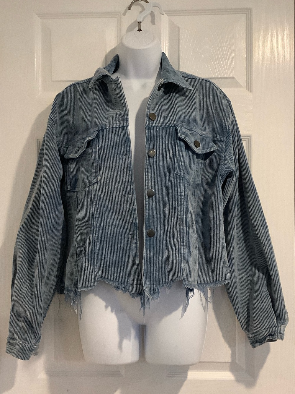 POL Blue 100% Cotton Distressed Frayed Destroyed Hem Fall Corduroy Jacket S